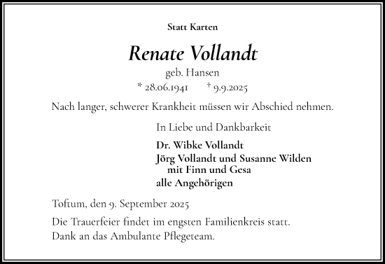 Traueranzeige von Renate Vollandt von Der Insel-Bote