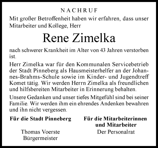 Traueranzeige von Rene Zimelka von Region Pinneberg und tip Pinneberg
