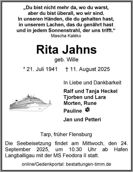 Traueranzeige von Rita Jahns von Flensburger Tageblatt