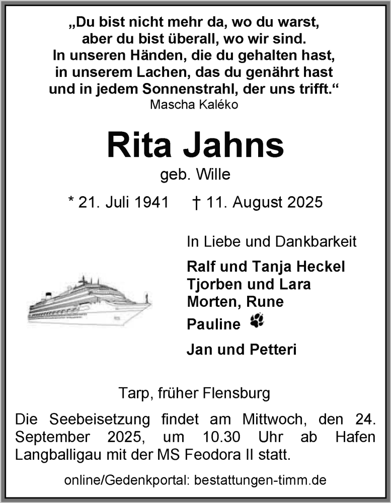  Traueranzeige für Rita Jahns vom 13.09.2025 aus Flensburger Tageblatt