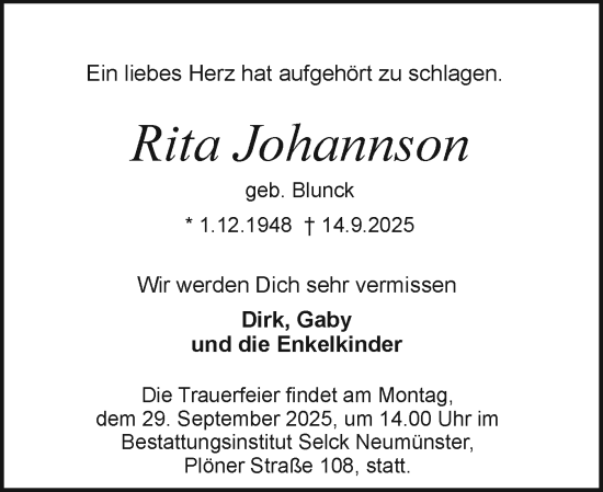 Traueranzeige von Rita Johannson von Holsteinischer Courier