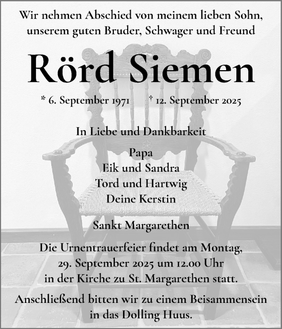 Traueranzeige von Rörd Siemen von Norddeutsche Rundschau, Wilstersche Zeitung, Glückstädter Fortuna