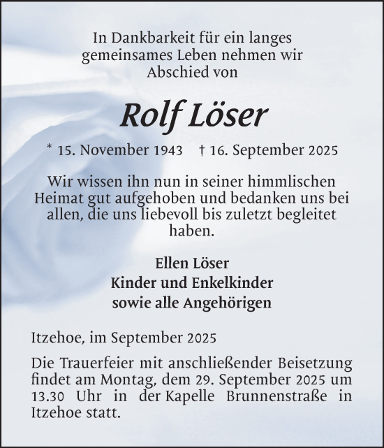 Traueranzeige von Rolf Löser von Norddeutsche Rundschau, Wilstersche Zeitung, Glückstädter Fortuna