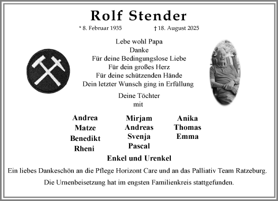Traueranzeige von Rolf Stender von MARKT Ratzeburg/Mölln