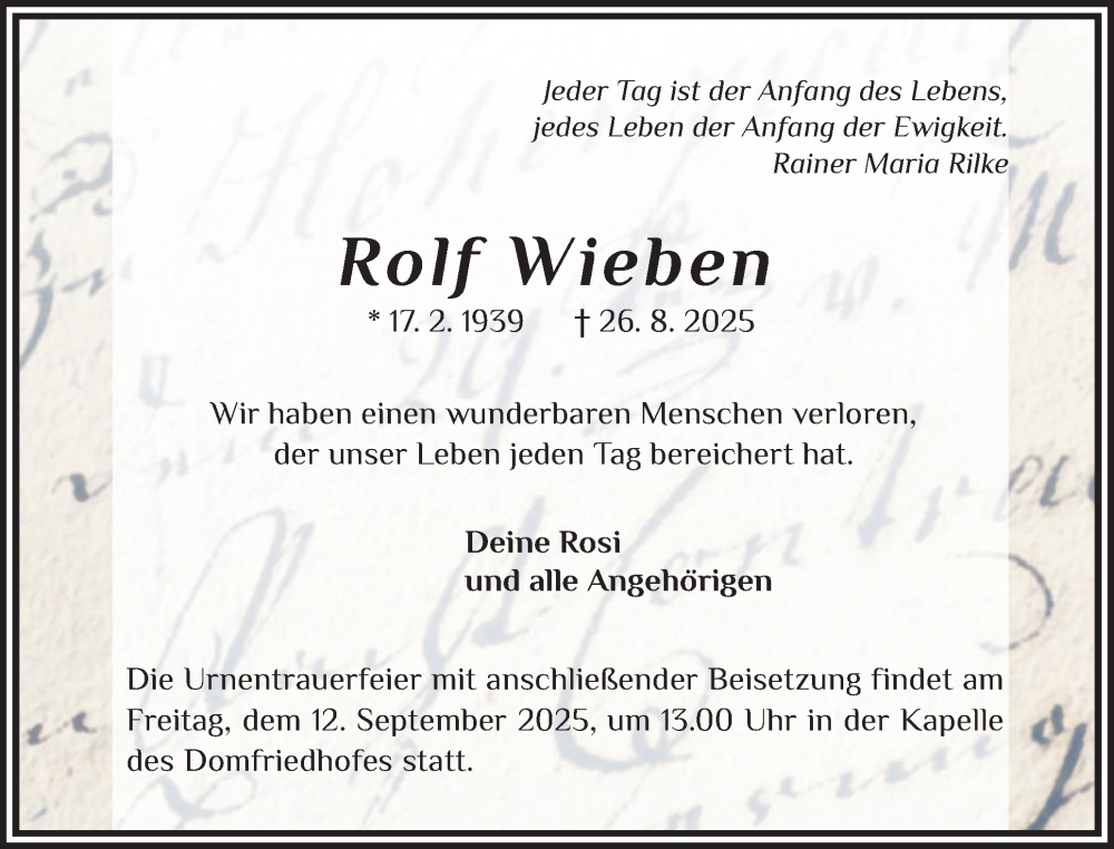  Traueranzeige für Rolf Wieben vom 06.09.2025 aus Schleswiger Nachrichten, Schlei-Bote