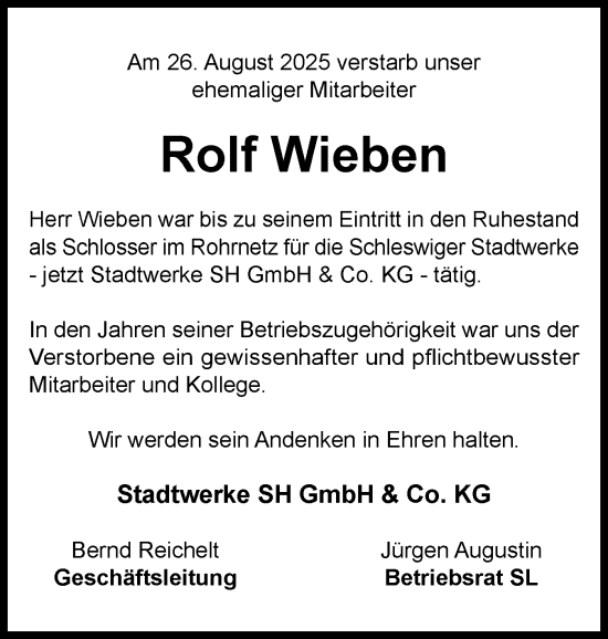 Traueranzeige von Rolf Wieben von Schleswig-Holsteinische Landeszeitung