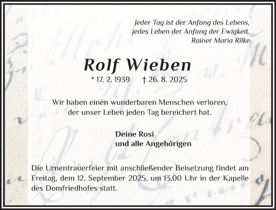 Traueranzeige von Rolf Wieben von Schleswiger Nachrichten, Schlei-Bote