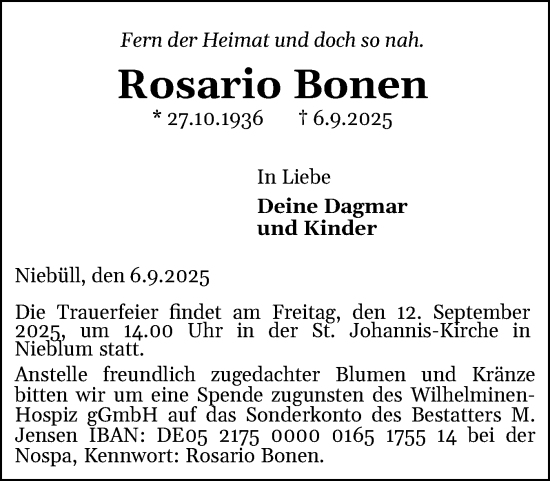 Traueranzeige von Rosario Bonen von Der Insel-Bote
