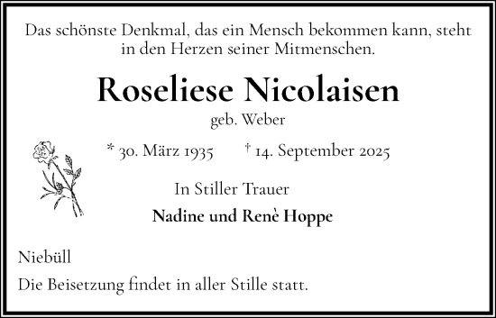 Traueranzeige von Roseliese Nicolaisen von Husumer Nachrichten, Nordfriesland Tageblatt