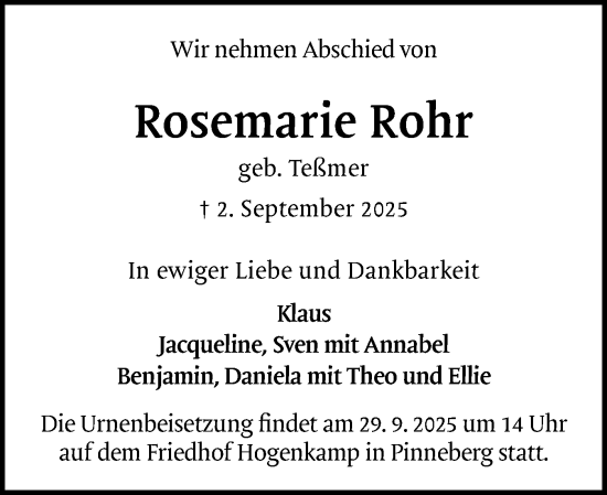 Traueranzeige von Rosemarie Rohr von Region Pinneberg und tip Pinneberg
