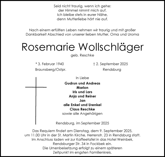 Traueranzeige von Rosemarie Wollschläger von Schleswig-Holsteinische Landeszeitung