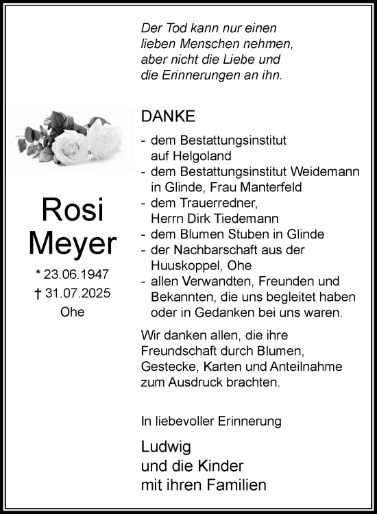 Traueranzeige von Rosi Meyer von MARKT Glinde/Reinbek