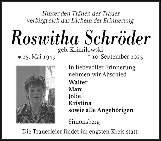 Traueranzeige von Roswitha Schröder von Husumer Nachrichten, Nordfriesland Tageblatt