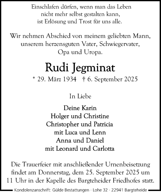 Traueranzeige von Rudi Jegminat von MARKT Glinde/Reinbek