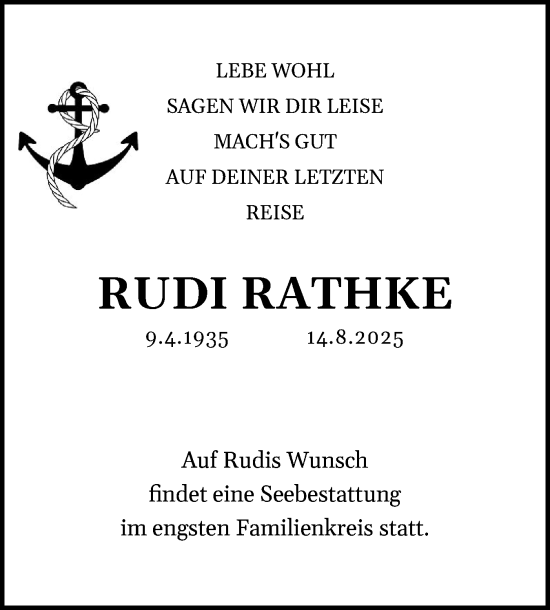 Traueranzeige von Rudi Rathke von Eckernförder Zeitung, Hallo Eckernförde