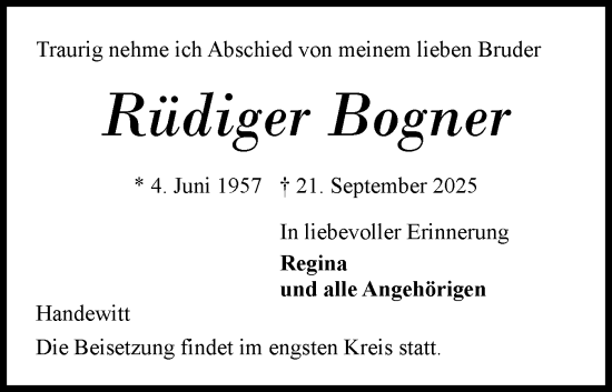 Traueranzeige von Rüdiger Bogner von Flensburger Tageblatt