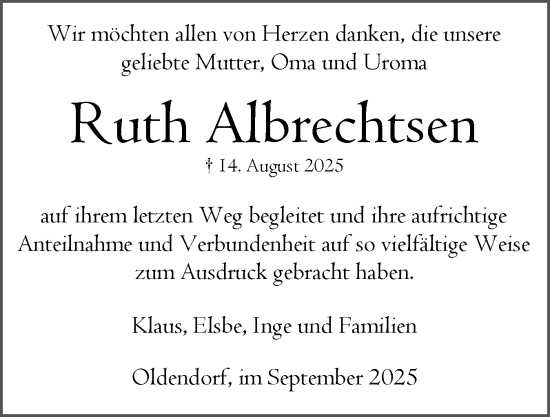 Traueranzeige von Ruth Albrechtsen von Norddeutsche Rundschau, Wilstersche Zeitung, Glückstädter Fortuna