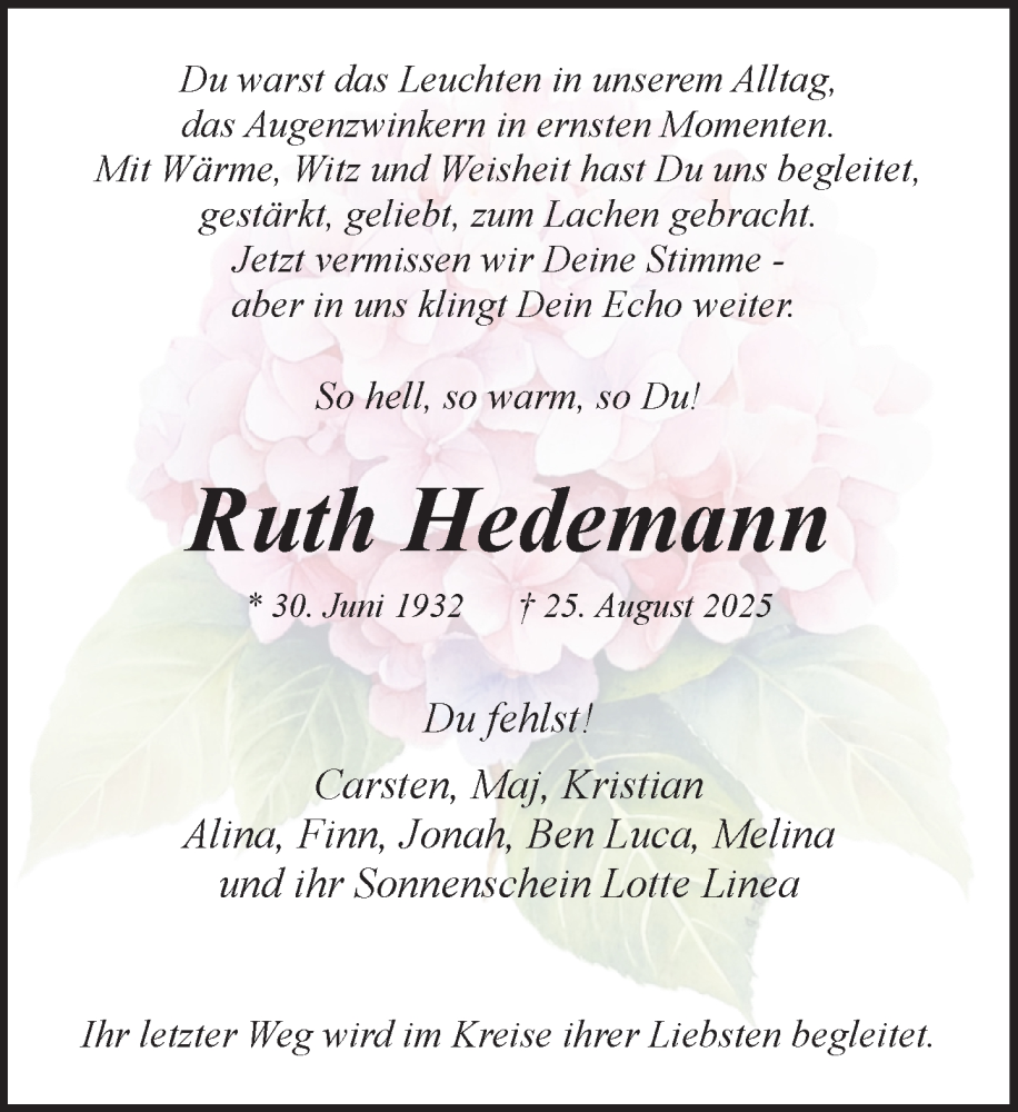  Traueranzeige für Ruth Hedemann vom 06.09.2025 aus MARKT Glinde/Reinbek