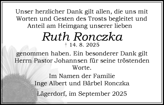 Traueranzeige von Ruth Ronczka von Norddeutsche Rundschau, Wilstersche Zeitung, Glückstädter Fortuna