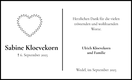 Traueranzeige von Sabine Kloevekorn von Wedel-Schulauer Tageblatt, tip Wedel-Schulauer Tageblatt, tip Rissener Rundschau