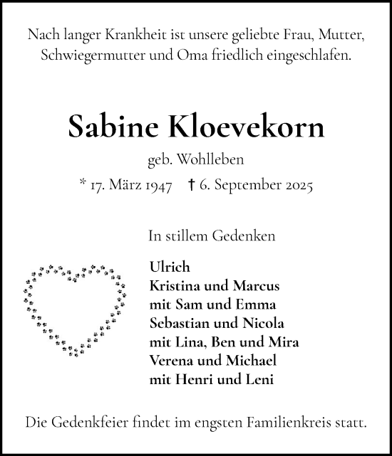 Traueranzeige von Sabine Kloevekorn von Wedel-Schulauer Tageblatt, tip Wedel-Schulauer Tageblatt, tip Rissener Rundschau