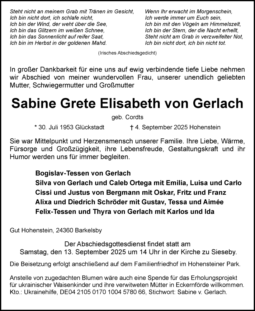  Traueranzeige für Sabine Grete Elisabeth von Gerlach vom 13.09.2025 aus Eckernförder Zeitung, Hallo Eckernförde