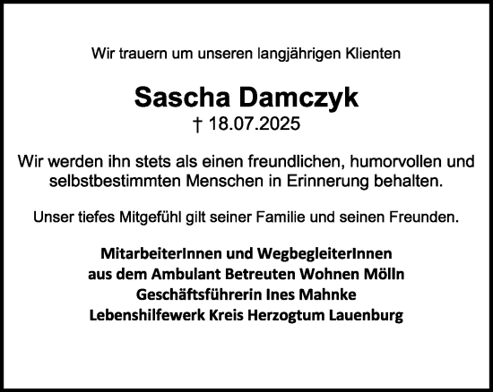 Traueranzeige von Sascha Damczyk von MARKT Ratzeburg/Mölln