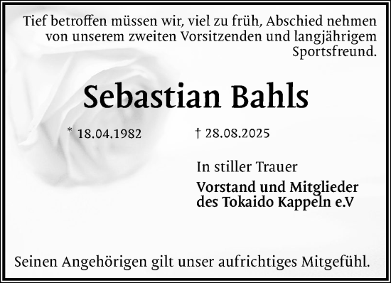 Traueranzeige von Sebastian Bahls von Schleswiger Nachrichten, Schlei-Bote