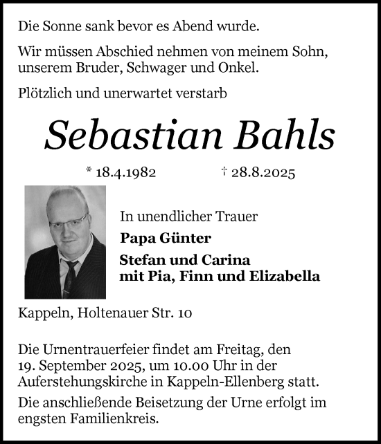 Traueranzeige von Sebastian Bahls von Schleswiger Nachrichten, Schlei-Bote