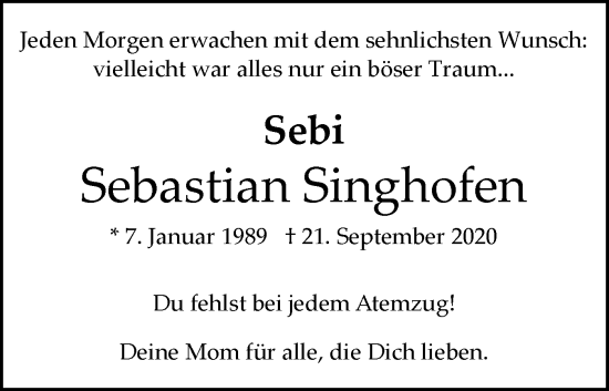 Traueranzeige von Sebastian Singhofen von Flensburger Tageblatt, Schleswiger Nachrichten, Schlei-Bote