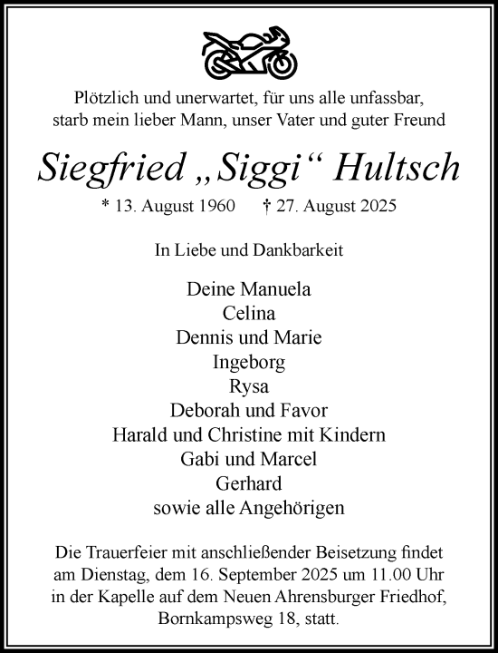 Traueranzeige von Siegfried Hultsch von MARKT Ahrensburg/Bargteheide/Trittau und Stormarner Tageblatt