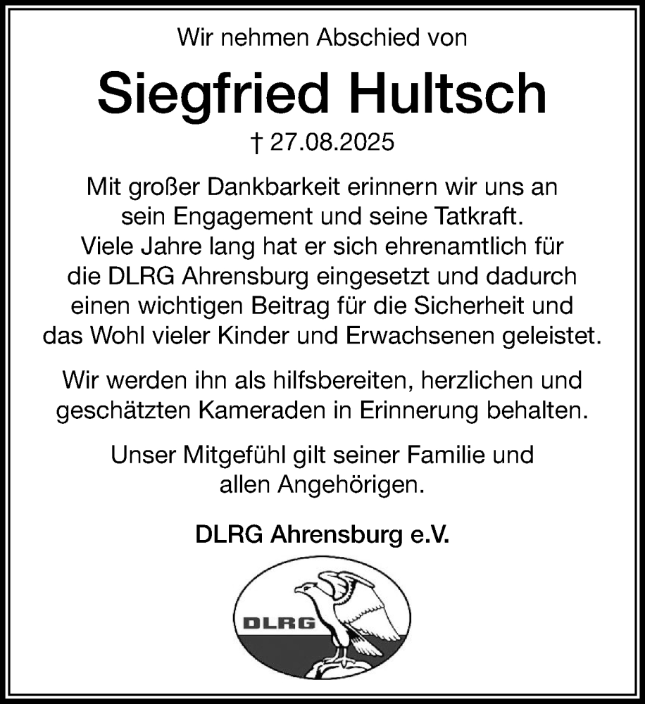  Traueranzeige für Siegfried Hultsch vom 27.09.2025 aus MARKT Ahrensburg/Bargteheide/Trittau und Stormarner Tageblatt