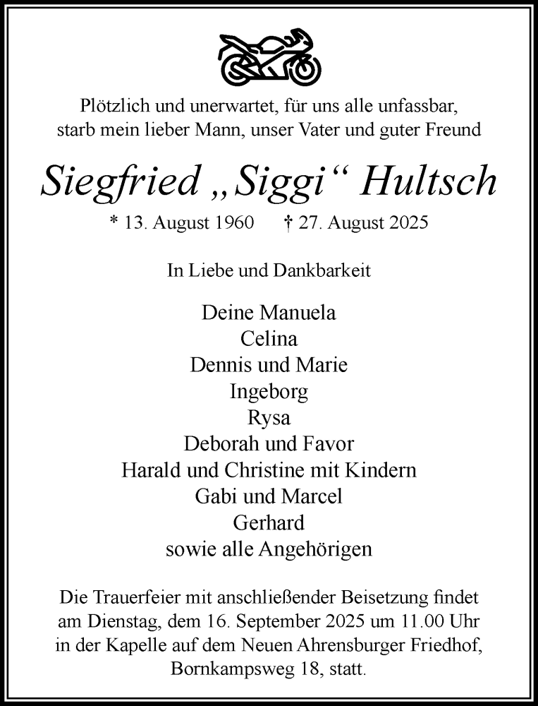  Traueranzeige für Siegfried Hultsch vom 06.09.2025 aus MARKT Ahrensburg/Bargteheide/Trittau und Stormarner Tageblatt