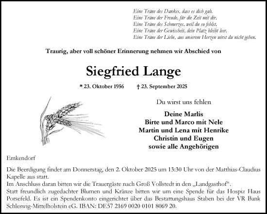 Traueranzeige von Siegfried Lange von Schleswig-Holsteinische Landeszeitung
