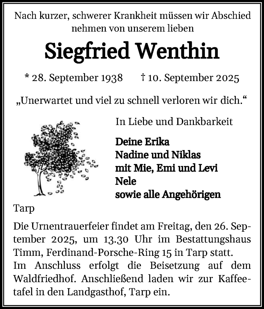  Traueranzeige für Siegfried Wenthin vom 20.09.2025 aus Flensburger Tageblatt