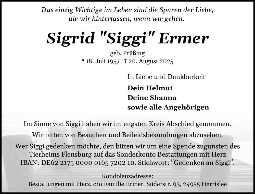  Traueranzeige für Sigrid Ermer vom 13.09.2025 aus Flensburger Tageblatt