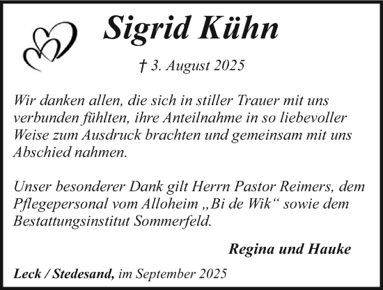 Traueranzeige von Sigrid Kühn von Husumer Nachrichten, Nordfriesland Tageblatt