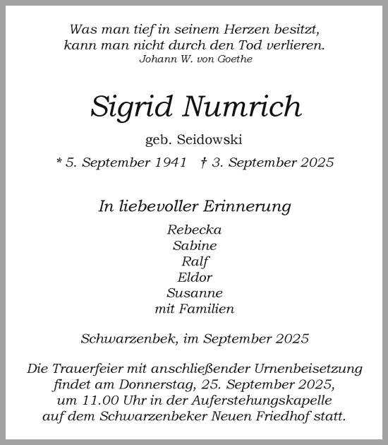Traueranzeige von Sigrid Numrich von Wochenend Anzeiger