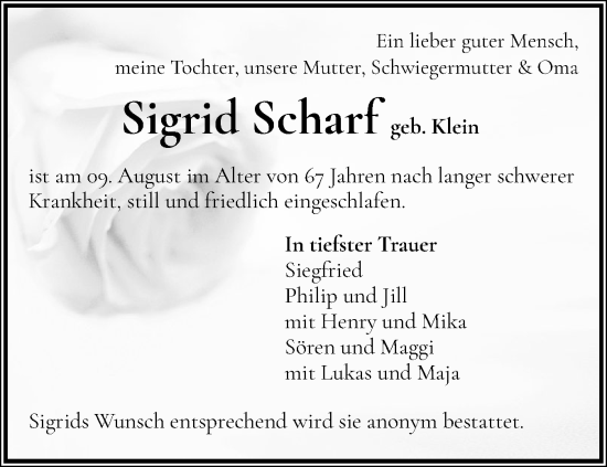 Traueranzeige von Sigrid Scharf von Region Pinneberg und tip Pinneberg