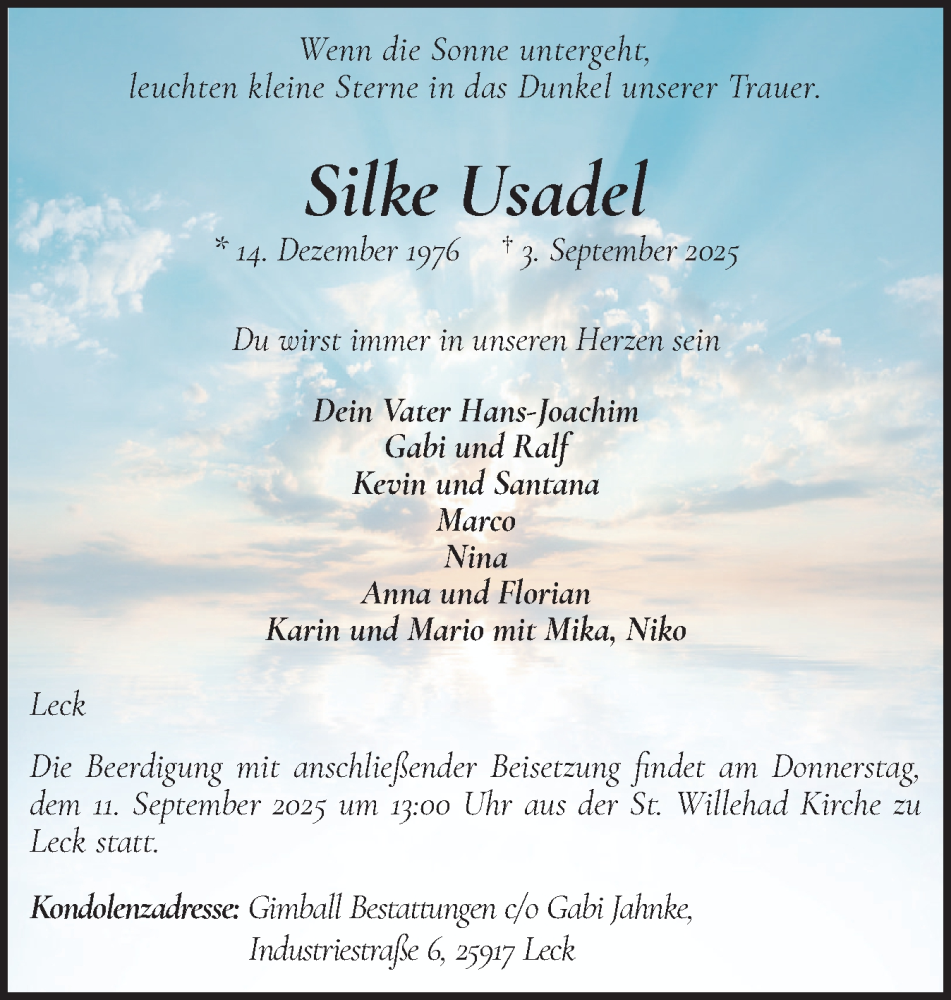  Traueranzeige für Silke Usadel vom 09.09.2025 aus Husumer Nachrichten, Nordfriesland Tageblatt