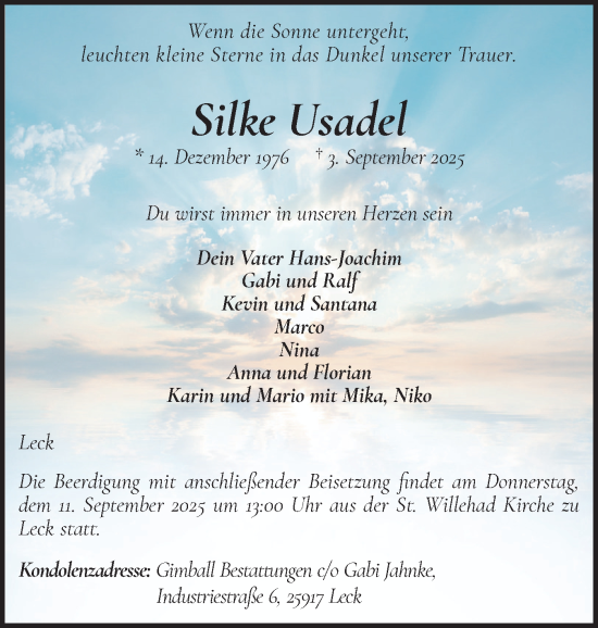 Traueranzeige von Silke Usadel von Husumer Nachrichten, Nordfriesland Tageblatt