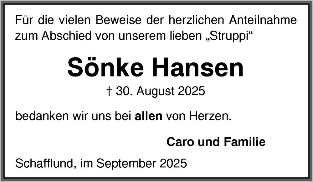  Traueranzeige für Sönke Hansen vom 27.09.2025 aus Flensburger Tageblatt