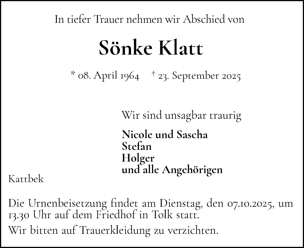  Traueranzeige für Sönke Klatt vom 27.09.2025 aus Schleswiger Nachrichten, Schlei-Bote