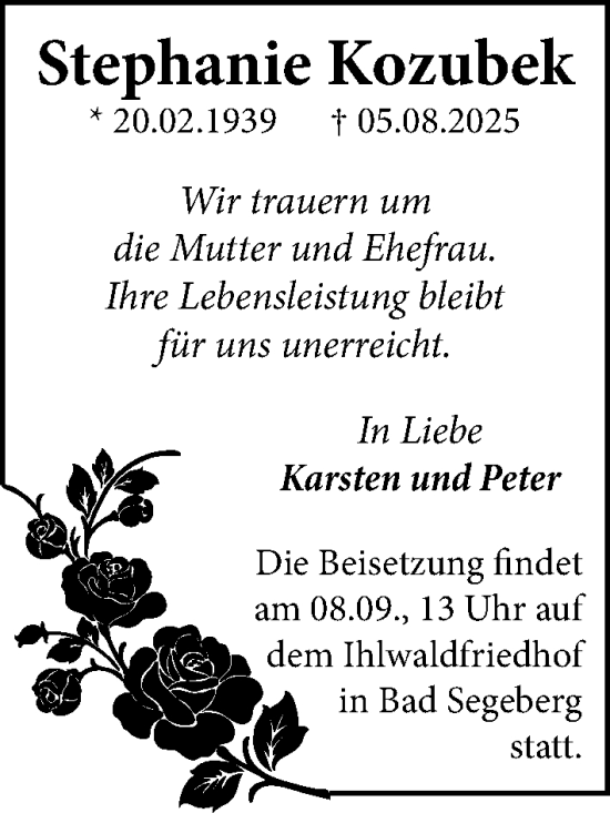 Traueranzeige von Stephanie Kozubek von Heimatspiegel