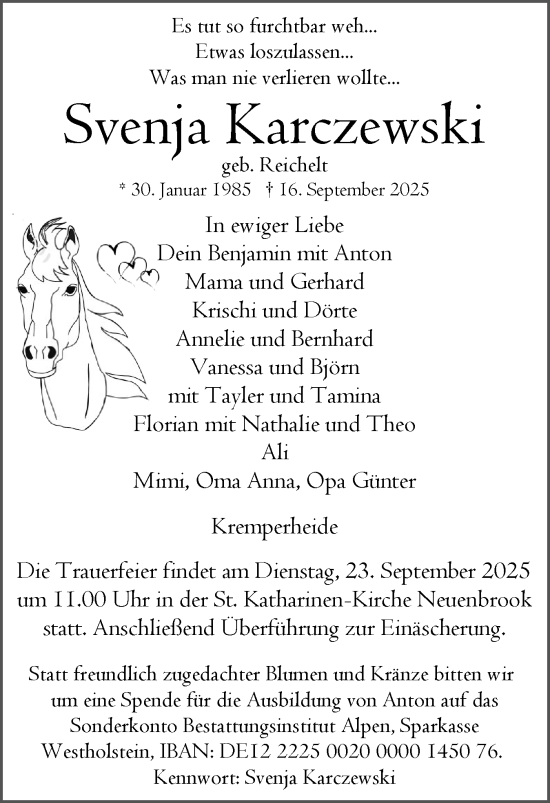 Traueranzeige von Svenja Karczewski von Norddeutsche Rundschau, Wilstersche Zeitung, Glückstädter Fortuna