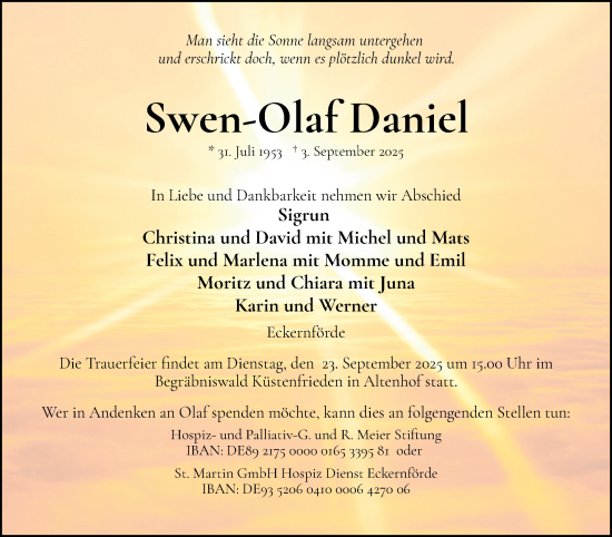 Traueranzeige von Swen-Olaf Daniel von Eckernförder Zeitung, Hallo Eckernförde