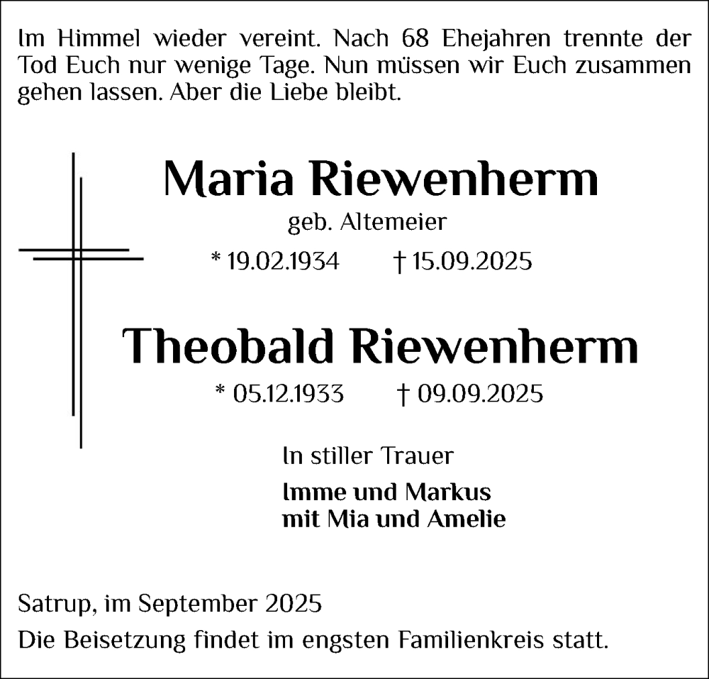  Traueranzeige für Theobald Riewenherm vom 20.09.2025 aus Flensburger Tageblatt, Schleswiger Nachrichten, Schlei-Bote