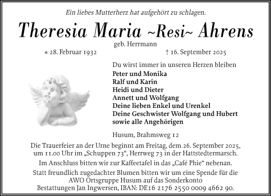 Traueranzeige von Theresia Maria Ahrens von Husumer Nachrichten, Nordfriesland Tageblatt