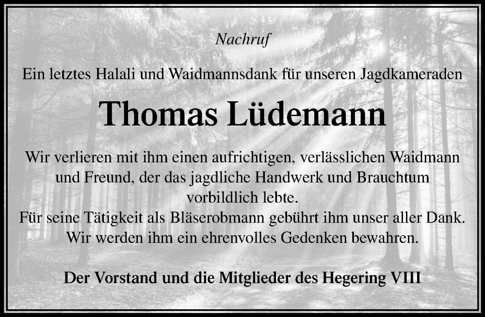  Traueranzeige für Thomas Lüdemann vom 06.09.2025 aus Umschau