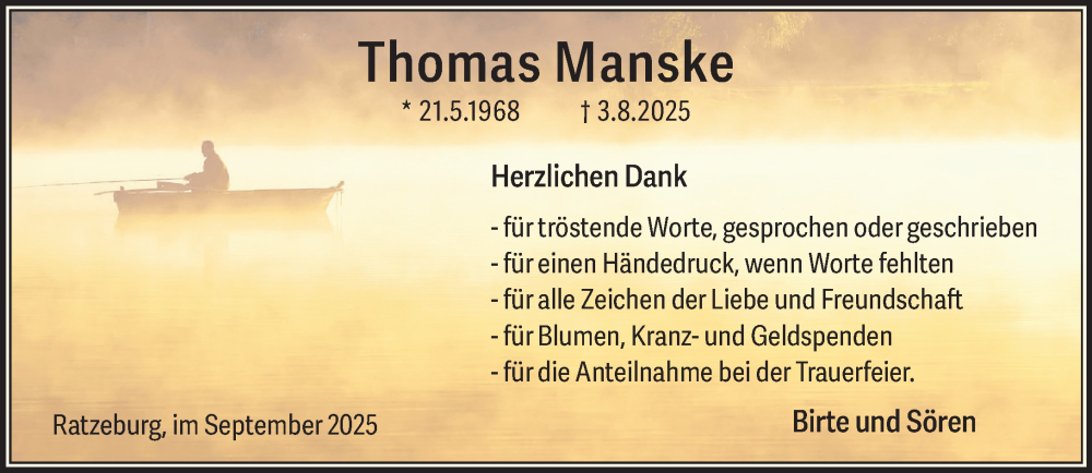  Traueranzeige für Thomas Manske vom 20.09.2025 aus MARKT Ratzeburg/Mölln